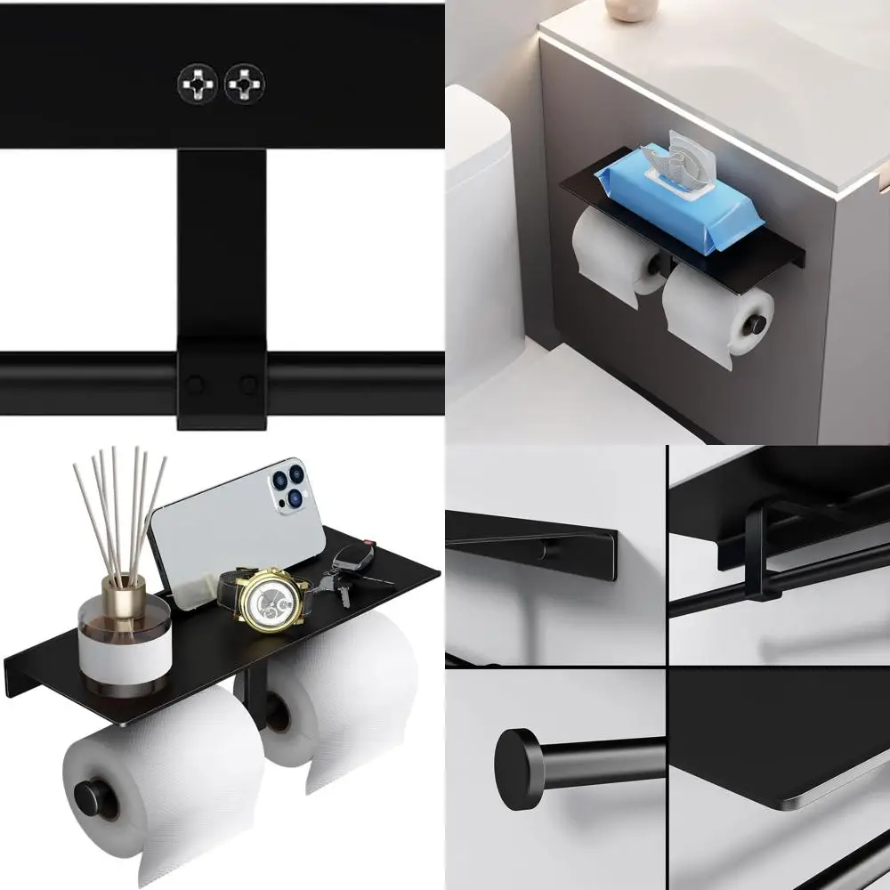 

Double Roll Wall-Mounted Matte Black Toilet Paper Holder with Shelf, Bathroom Organizer