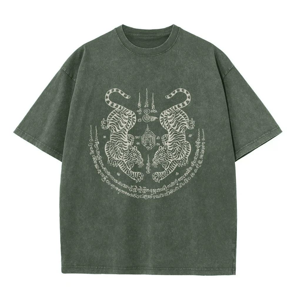 Sak Yant Thai Tattoo Twin Tiger Muay Magical Thailand Gift T-Shirt Man Clothing Vêtement Homme Футболка Printed T Shirt Summer
