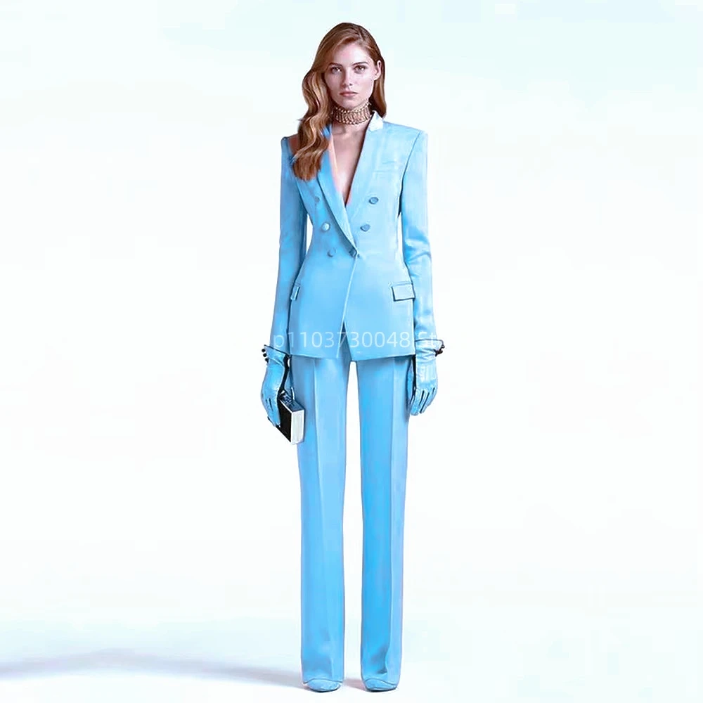 

Sky Blue Stylish Women Suit Peak Lapel Double Breasted Slim Fit 2 Pieces Jacket Pants Business Formal Occasion Female Clothing