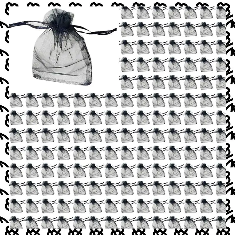 A07I 200 Uds bolsas de regalo de Organza negras 9X12cm, bolsas de recuerdo de boda de malla con cordón para joyería maquillaje dulces Baby Shower