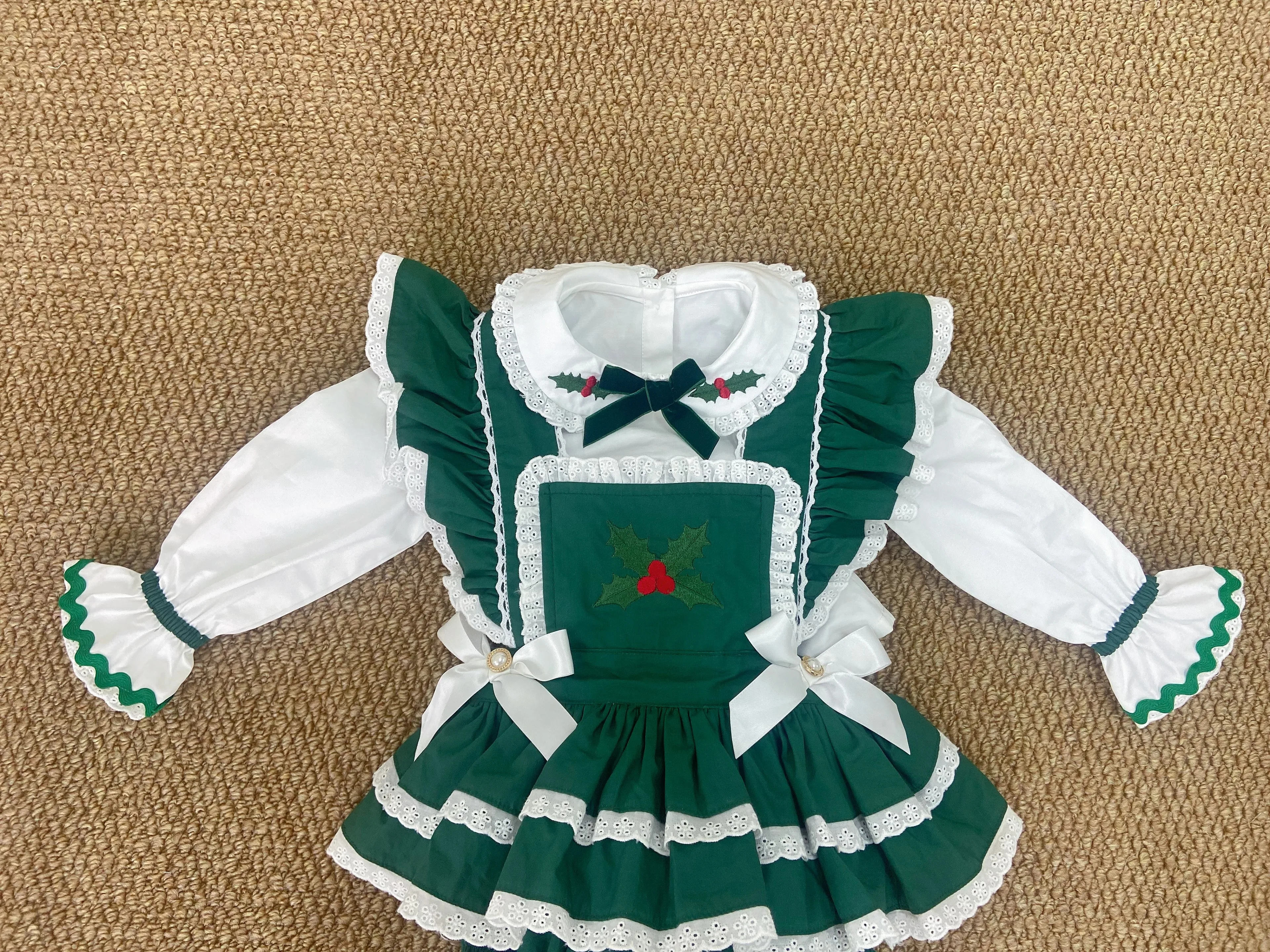 Autumn Baby Girl Green White Lace Ruffle Outfit Embroidery Suit for Birthday Holiday Easter Eid Christmas C424 view 3