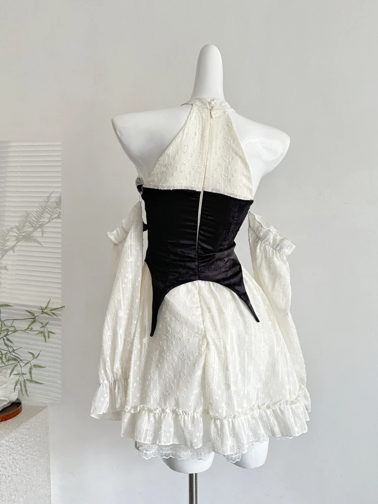 Otoño nuevo Vintage Francia vestido de encaje moda mujer dulce diseño Y2k vestidos ajustados con hombros descubiertos mujer encantadora ropa de retazos