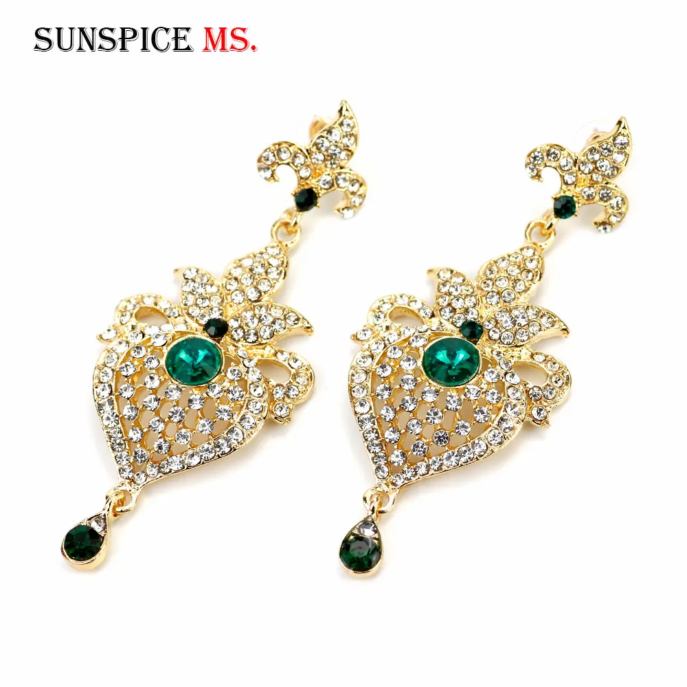 Sunspicems Fashion Full Crystal Long Dangle Earrings Gold Color Indian Women Wedding Jewelry Bridal Gifts Caftan Accessories