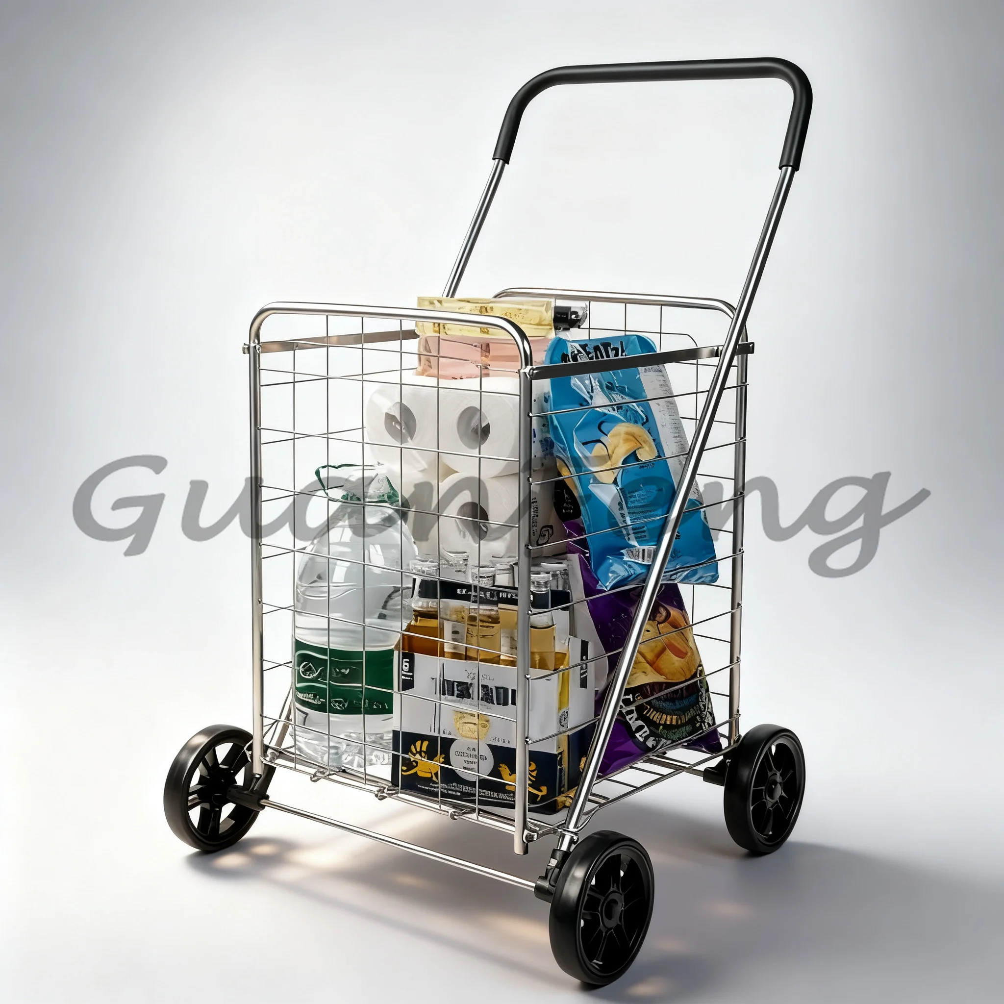 Heavy Duty Steel Frame Folding Shopping Cart, White 4-Wheel Multi-purpose Trolley for Laundry & Goods Transport
