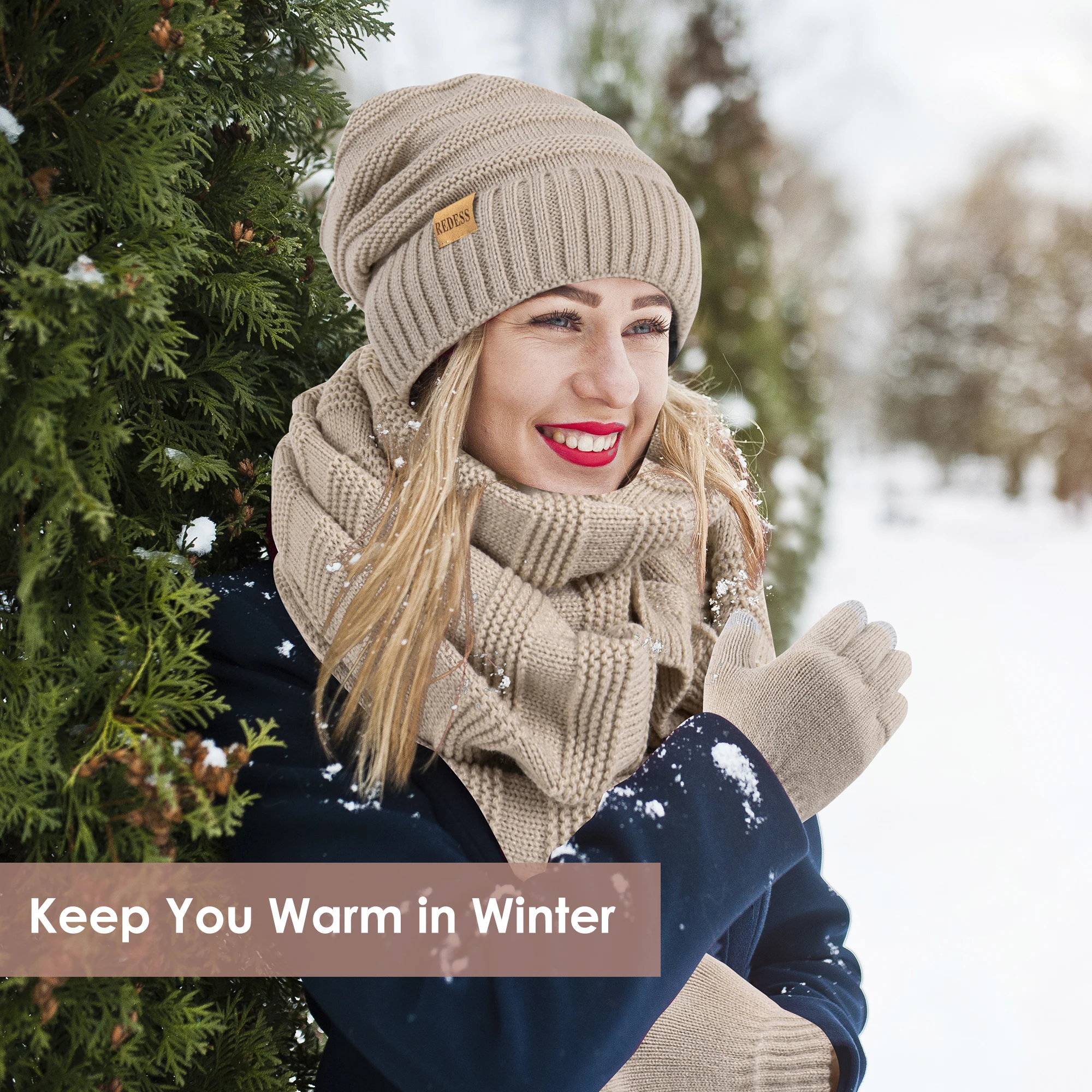 قبعات نسائية شتوية أوشحة وقفازات طقم ثلاث قطع ببطانة داخلية سميكة ودافئة متوفرة بألوان مختلفة #2