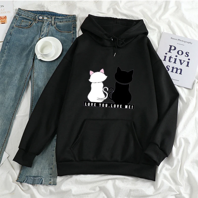 Kawaii Cat Printed Streetwear Hoodies Women Sweatshirt Autumn Long Sleeve Pair Couple Popular Aesthetic Cool Portrait Winter