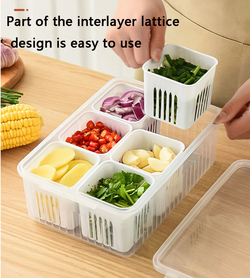 Six Grid Refrigerator Crisper Storage Containers Fridge Fresh Vegetable Fruit Boxes Drain Basket Kitchen Organizer Tools