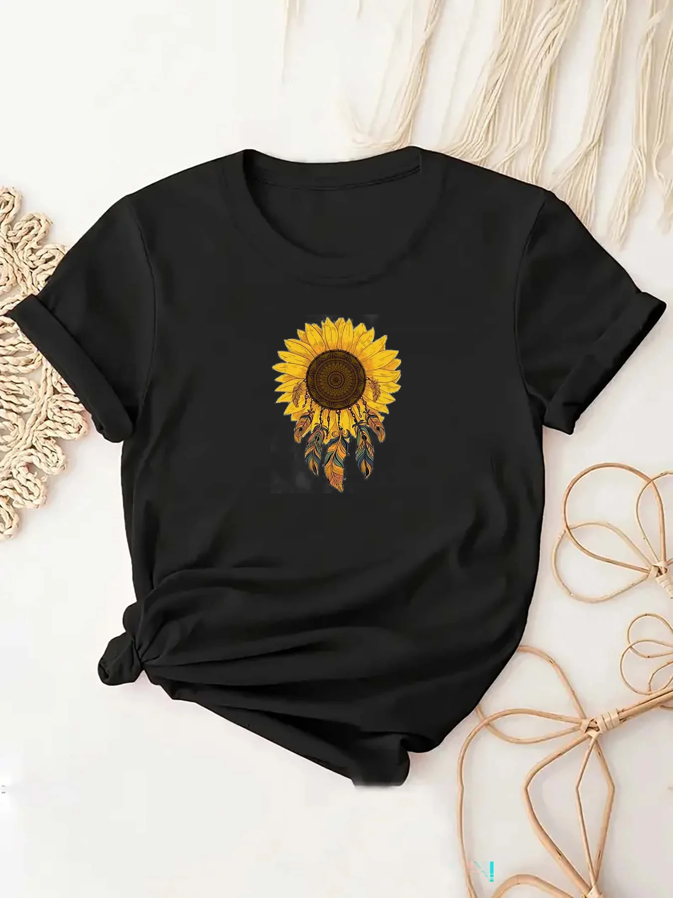 Girasole Mandala Feather Dreamcatcher Graphic girocollo sport Tee, maniche corte Casual Running Top, abbigliamento sportivo da donna