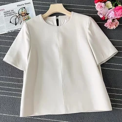 White Leather T-shirt For Women European Simple Style Genuine Sheepskin Short Sleeve Tops Casual Roupa Feminina Black Blusas