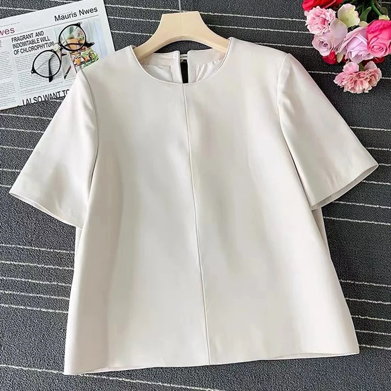 Biała skórzana koszulka dla kobiet Europejski prosty styl Prawdziwa skóra owcza Topy z krótkim rękawem Casual Roupa Feminina Czarny Blusas