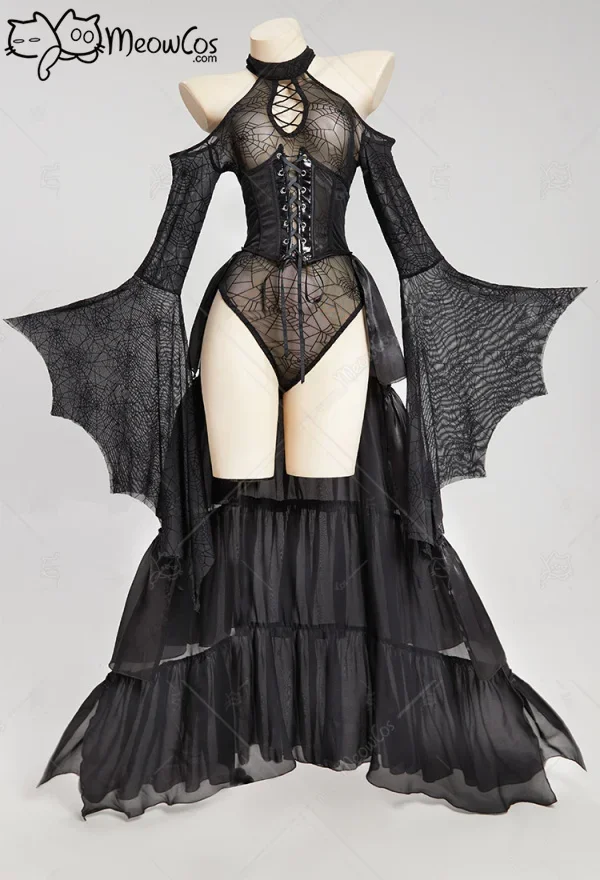 

Meowcos Women Gothic Sexy Bodysuit Black Spider Web Off-shoulder Long Sleeves Cosplay Lingerie Costume with Trailing Corset