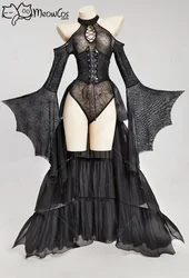 Meowcos Women Gothic Sexy Bodysuit Black Spider Web Off-shoulder Long Sleeves Cosplay Lingerie Costume with Trailing Corset