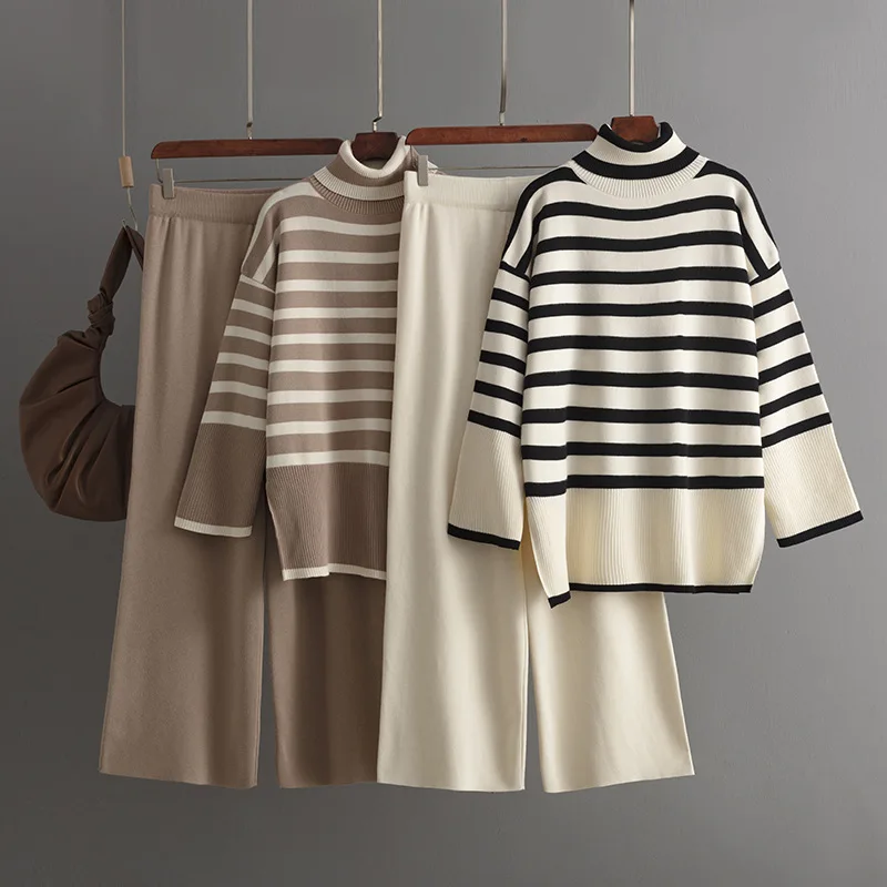 مخطط الياقة المدورة سترة المرأة 2025 الخريف الشتاء تصميم فضفاض بلوفر مغزول قطعتين مجموعة #1