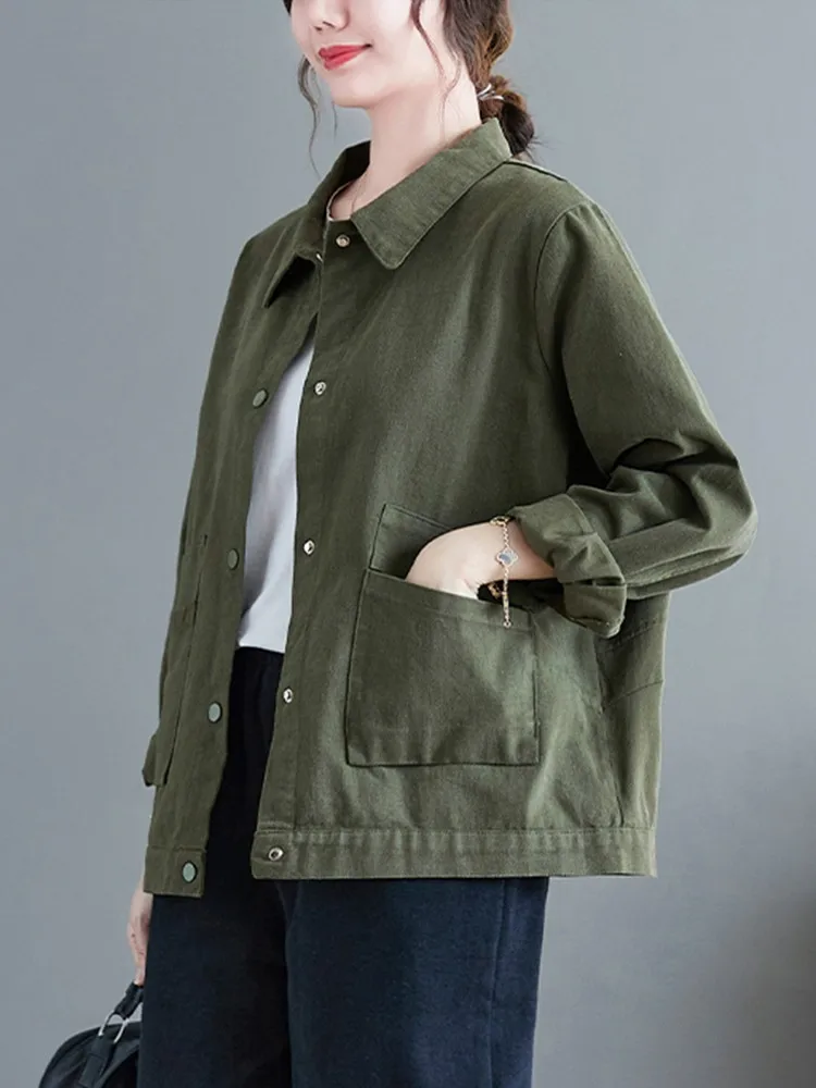 Women Casual Short Jackets New Arrival 2022 Autumn Vintage Style Solid Color All-match Loose Female Cotton Outerwear Coats B2115