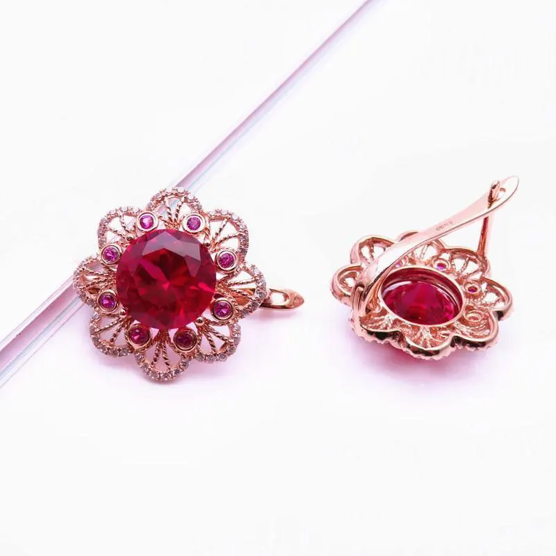 585 Purple Gold Ruby Flower Earrings for Women 14K Rose Gold Plated Luxury Exquisite Court Style Wedding Engagement Jewelry