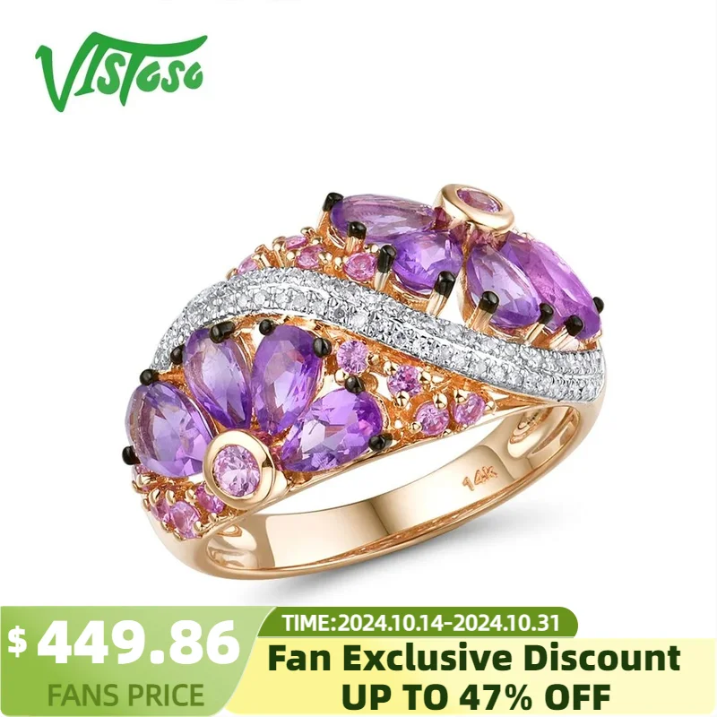 

VISTOSO Genuine 14K Rose Gold Ring For Women Shimmering Diamond Fancy Pink Sapphire Amethyst Fantastic Wedding Band Fine Jewelry