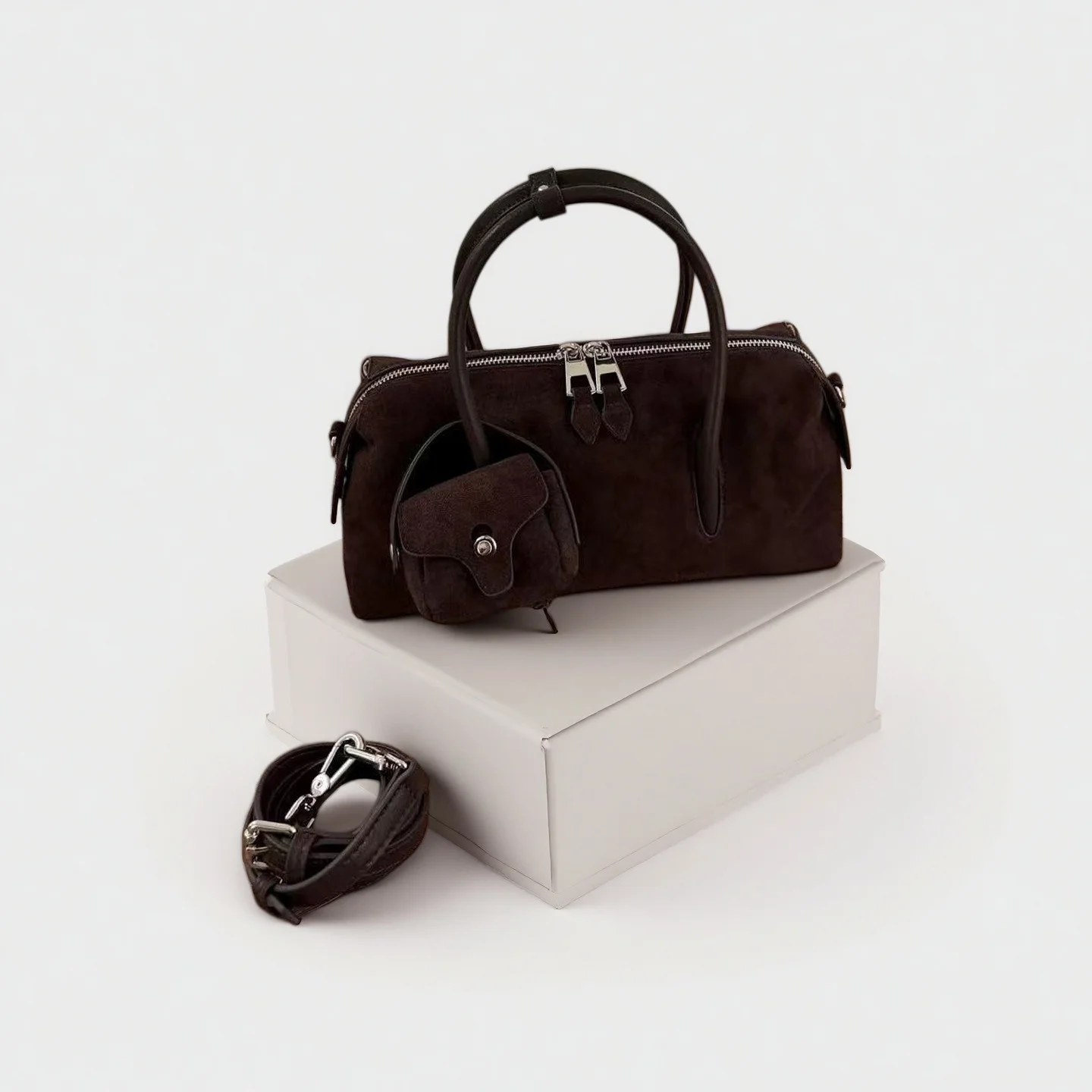 Women Split Suede Nubuck Cowhide Boston Handbag Vintage Daily Commuter Shoulder Crossbody Bag With Mini Coin Purse