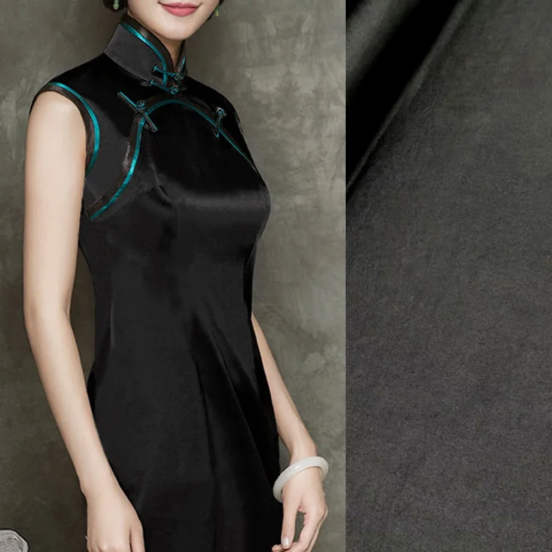 

120CM Wide 26MM Black 93% Silk 7% Spandex Stretch Guangdong Silk Fabric for Dress Cheongsam D1160