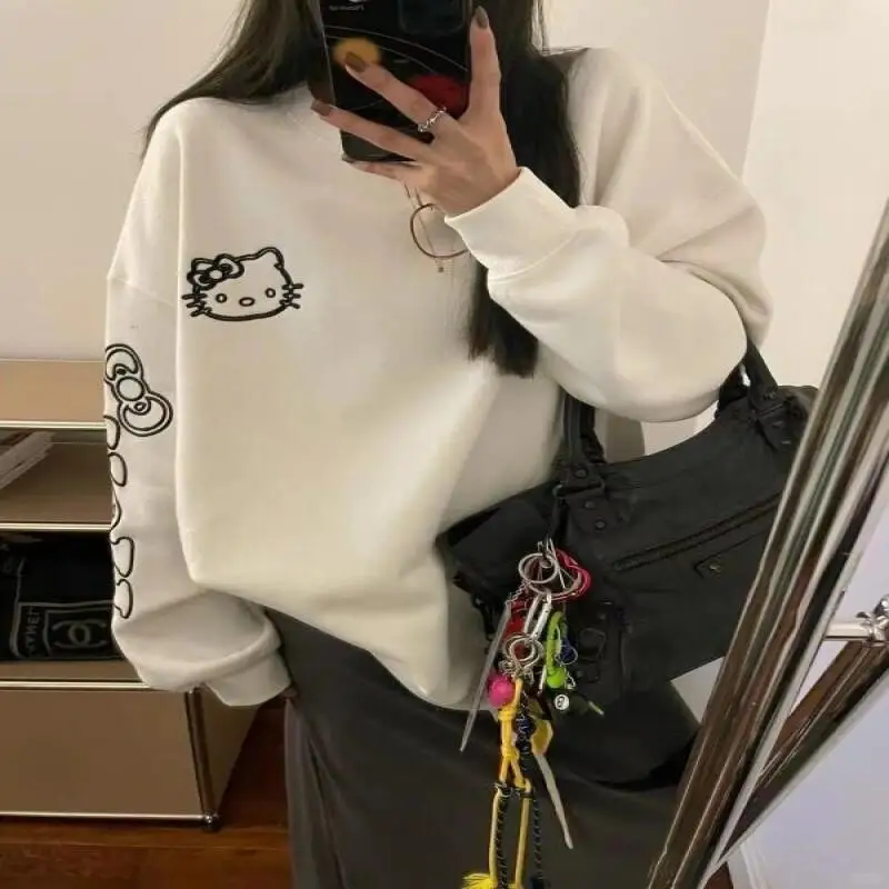 Felpa con cappuccio Sanrio nuova Felpa con cappuccio Hello Kitty stile dolce maniche lunghe larghe colletto tondo ragazza stampa felpa con cappuccio stile primavera e autunno