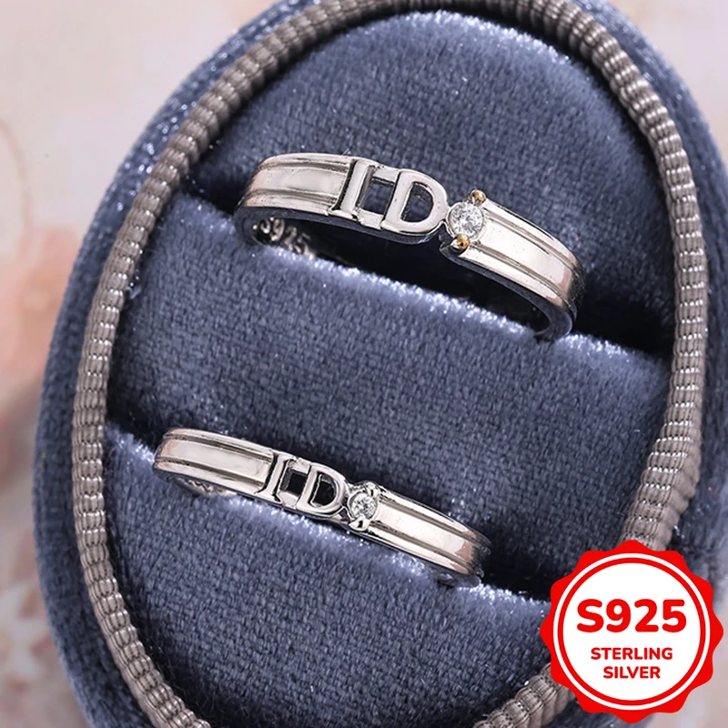 

Simple authentic S925 sterling silver ID letter claw crystal round couple ring Opening proposal engagement gift jewelry