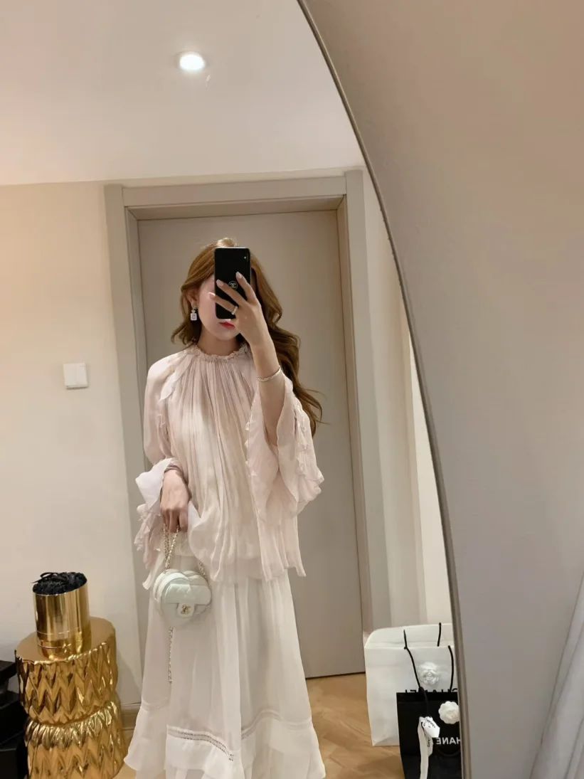 

Элегантная розовая кружевная блузка с длинным рукавом и кружевным подолом для дома, в романтическом стиле «облачная дымка», повседневная, дышащая, женская, размер S