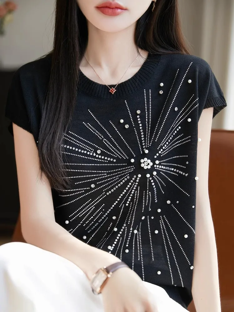 T-shirt ort Sve in maglia di bambù primavera estate da donna rotonda Ne impreziosita con diamanti sciolti base ort irt coreano Sle