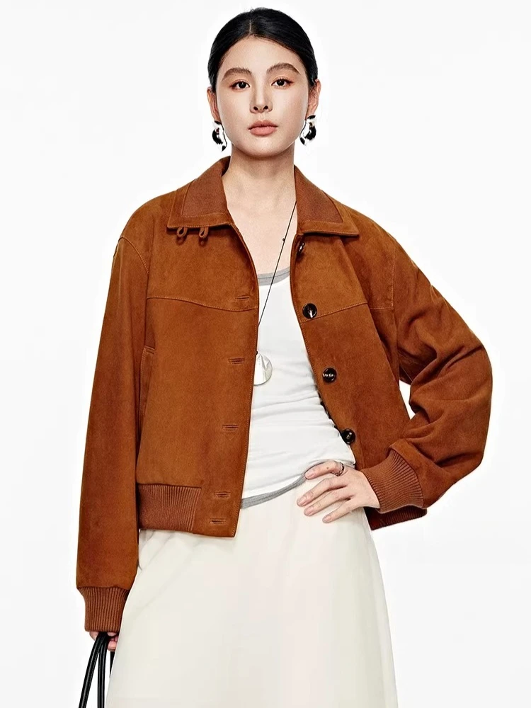 

Vintage Short Genuine Leather Bomber Jackets for Women Spring Autumn 2026 New High-end Simple Casual Real Sheepskin Suede Coat