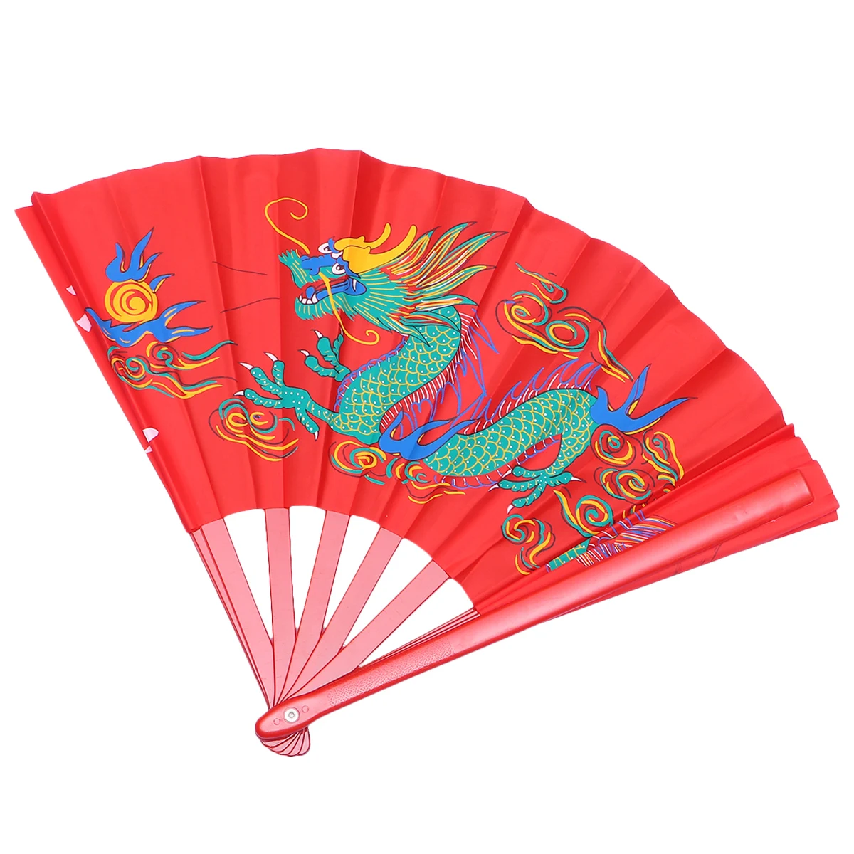 

1Pcs Red Plastic Chinese Fan Colorful Dragon Design for Martial Arts Kungfu Taichi Performance Festival Dancing Handheld Fan