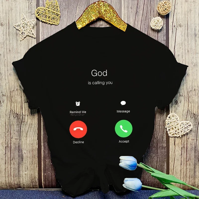 Women Causal Harajuku Tops Funny T Shirt Unisex Short Sleeve Christianity God Is Calling You Print T Shirts