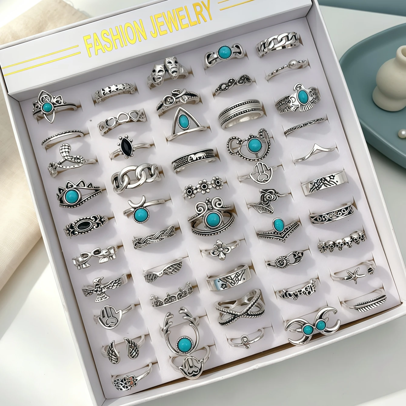 8/15/25/45/60Pieces Retro Bohemian Turquoise Rings Set For Women Mix Style Fashion Vintage Jewelry Prefect For Daily Wear Party
