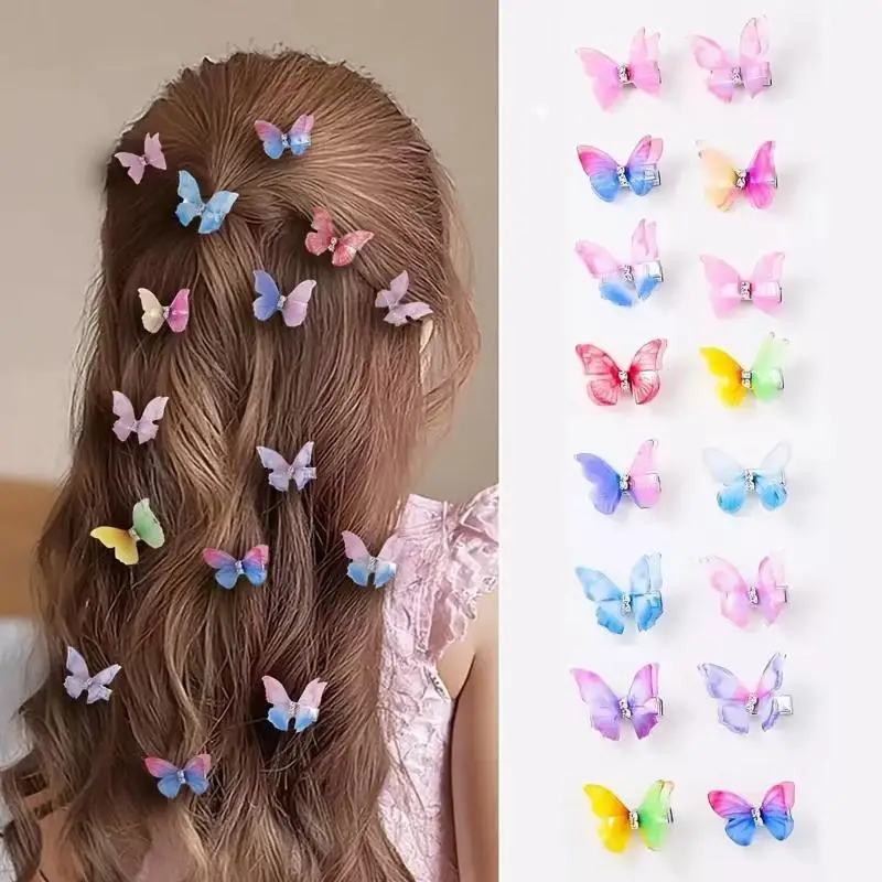 10 Stück bunte, doppellagige Organza-Schmetterlings-Haarspangen mit Strass, niedliche Prinzessinnen-Haaraccessoires – Detail 1