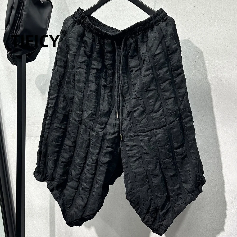 

High Street Shorts Men's Dark Style High-end Casual Shorts with Loose Irregular Folds and Fluffy Cropped Casual Loose Pants
