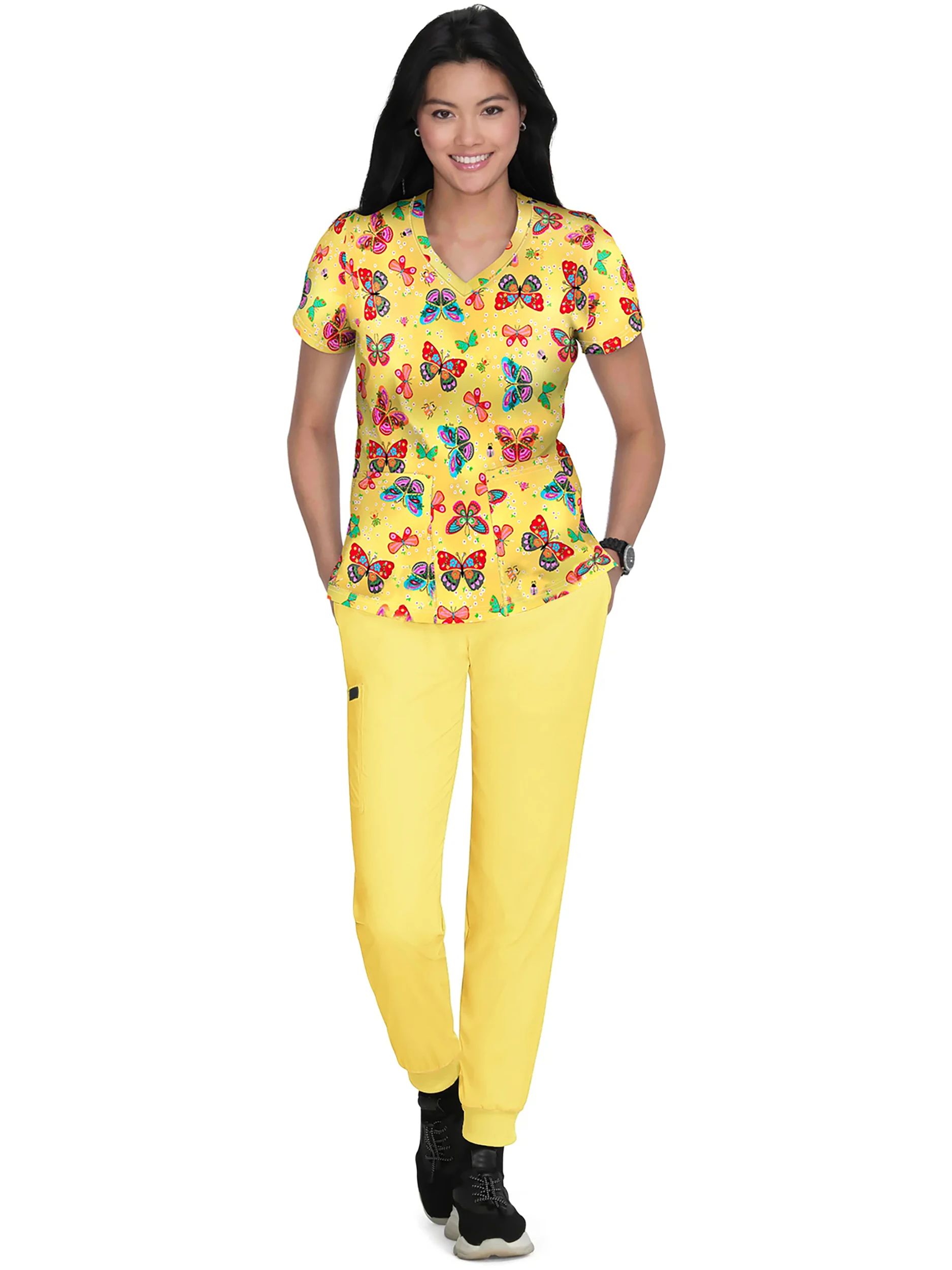 2pcs Fashion Casual Nurse Uniform Set Digital Print V-Neck Split Pocket Top with 5-Pocket Pants for Comfortable Workwear