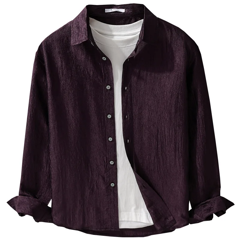 Japanese Retro Style Purple Shirt Men Long Sleeve Spring Summer Casual Acetate Texture Fabric Shirt High Quality Men's Clothing