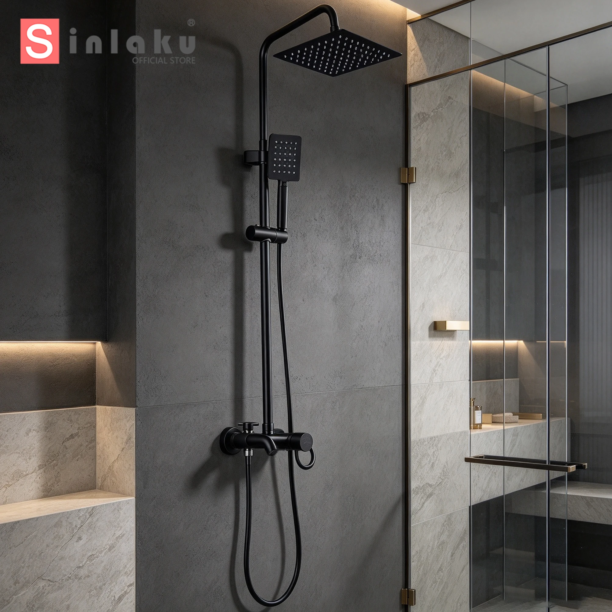 SINLAKU Luxury Bathroom Balck Gold Rainfall Shower Set Outdoor Bathtub Shower Faucet 3 Function Shower System Column