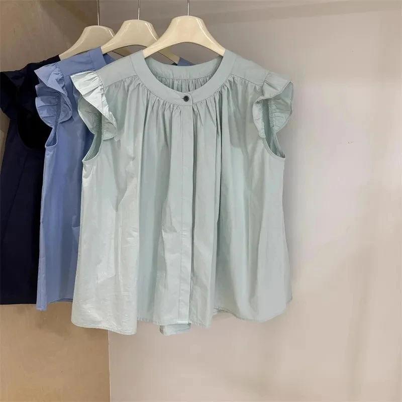 Chic rotondo Ne Svel Doll irt Top estivo Faion da donna Dolce taglia piccola Flng Sve Camicetta coreana in puro colore