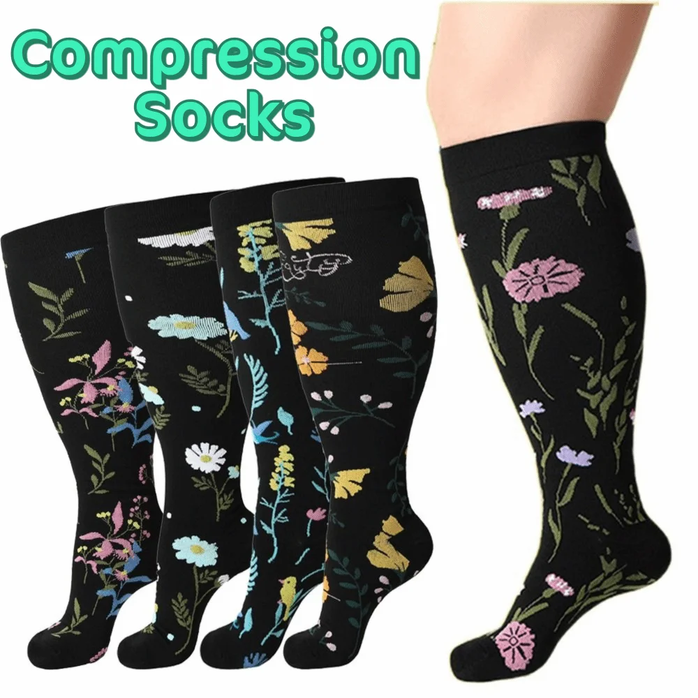 

Plus Size Compression Socks High Elastic Flower Pattern Stretch Pressure Stockings Comfortable Knee High Calves Leg Stockings