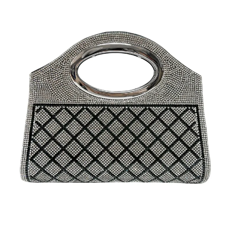 Silver Base Rhombus Full Dense Rhinestone Big Oval Metal Ring Handheld Clutch Luxury Unique Sparkling Evening Bag Middle Aged