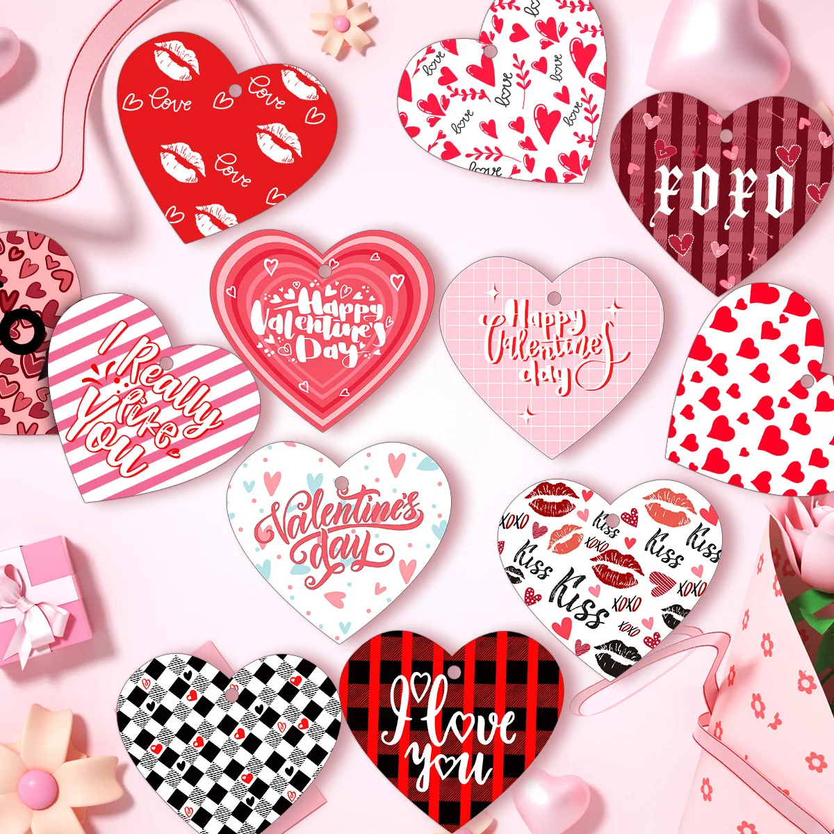 24 Stück rote rosa Herz-Papieranhänger „I Love You“ XOXO Hängeetiketten für alles Gute zum Valentinstag, Hochzeit, Party, Dekoration, DIY-Geschenke