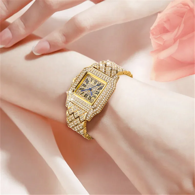 Montre Quartz Femme, Bracelet Alliage, Hip Hop, Diamant, Or, Mode