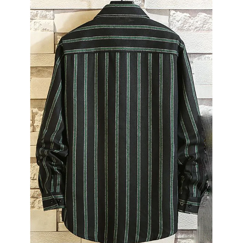 Fashion Lapel Spliced Pockets Loose Striped Shirts Men's Clothing 2023 Autumn Winter Oversized Casual Tops All-match Shirt