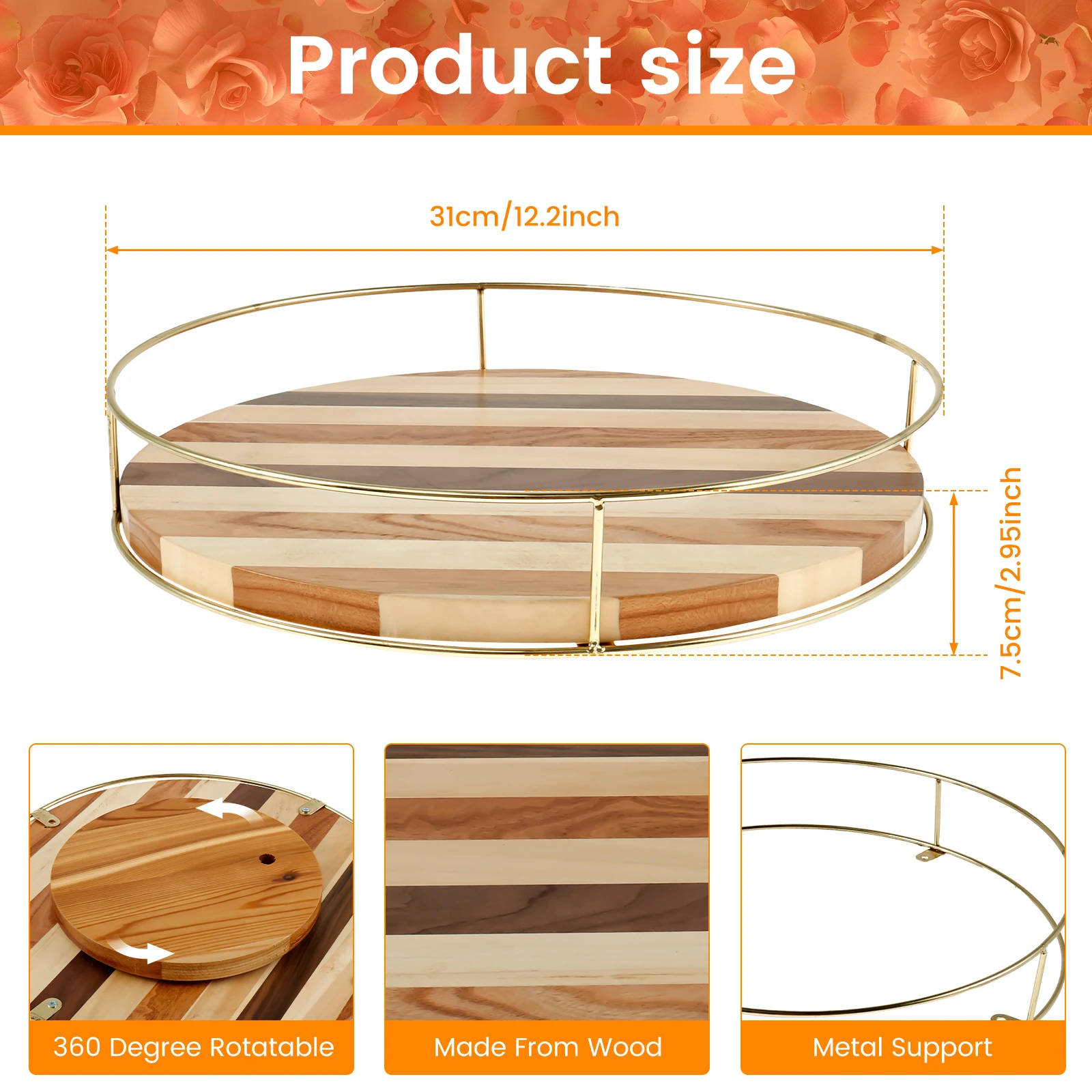 12.2inch Decorative Tray Wood Serving Tray Coffee Table Tray with Metal Handle Round Table Centerpiece Tray Non Slip Bathroom