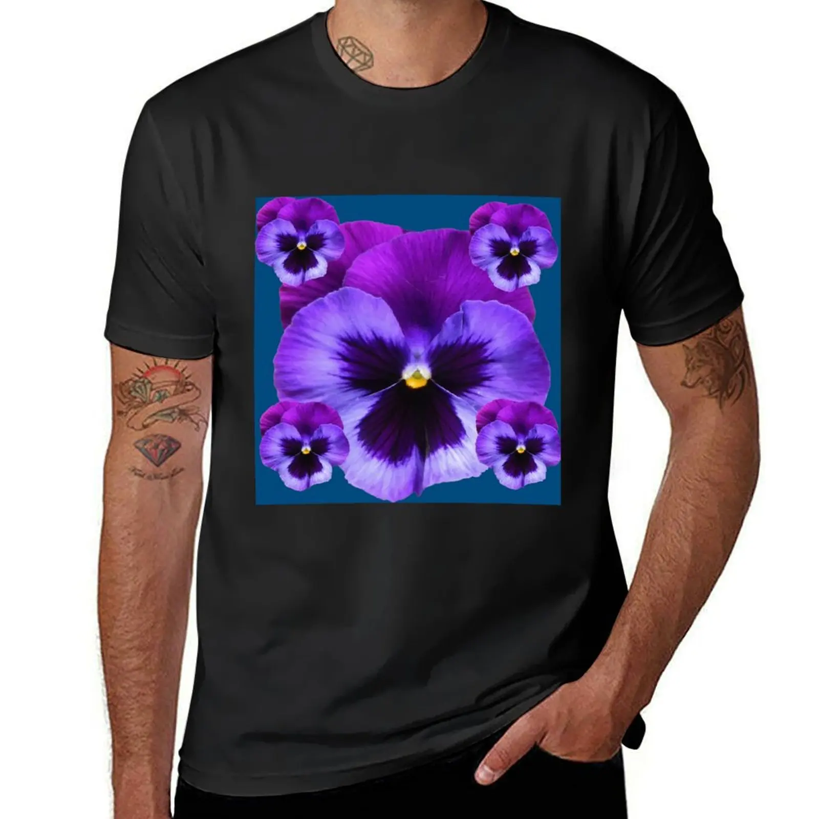 TEAL COLOR PURPLE SPRING PANSIES T-shirt korean fashion tops blanks plain men graphic t shirts