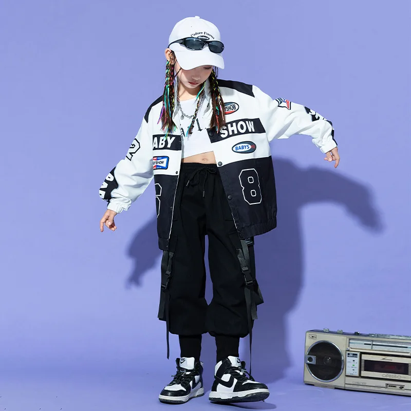 

Kid Kpop Hip Hop Clothing Letter Print Racing Jacket Top Black Casual Strap Cargo Pants for Girl Boy Jazz Dance Costume Clothes