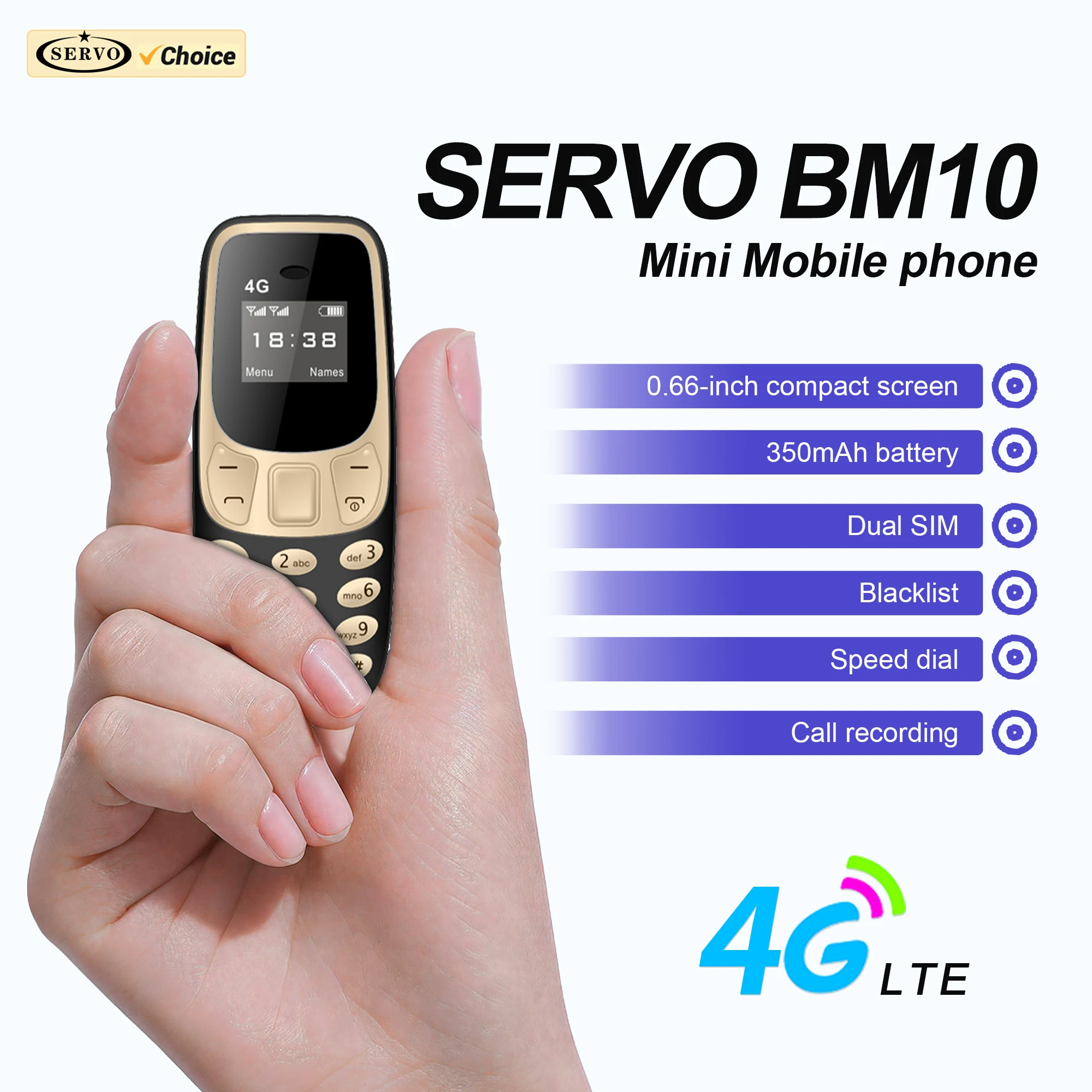 SERVO BM10 LTE Mini Mobile Phone 4G Dual SIM Card Speed Dial Call Recording MP3 Player 0.66