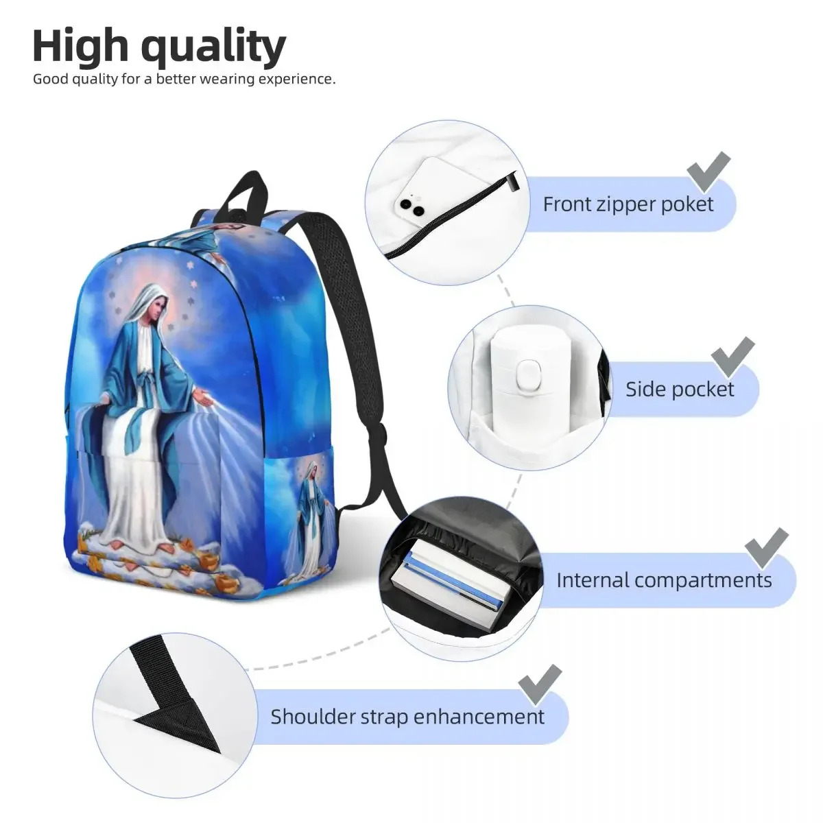 مخصص الكاثوليكية مريم العذراء السفر حقيبة من القماش الرجال مدرسة محمول الكتب سيدة فاطمة كلية الطالب Daypack أكياس