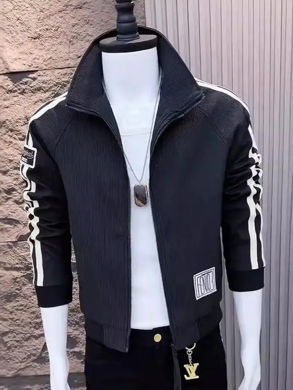 

Casual Stripe Men's Jaet Spring Autumn Faionable Haome Stand Collar Zipper Long Sve Slim Fit Outerwear Coat