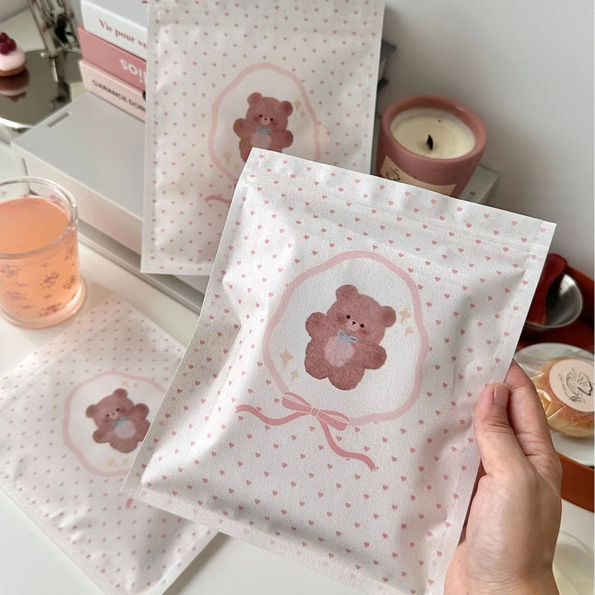 10/5 Stück vielseitig einsetzbare, dicke, selbstverschließende Beutel mit niedlichem Bären- und Schleifenmotiv, Kunststoff-Aufbewahrungsbeutel für Schmuck, Snacks, Unterwäsche