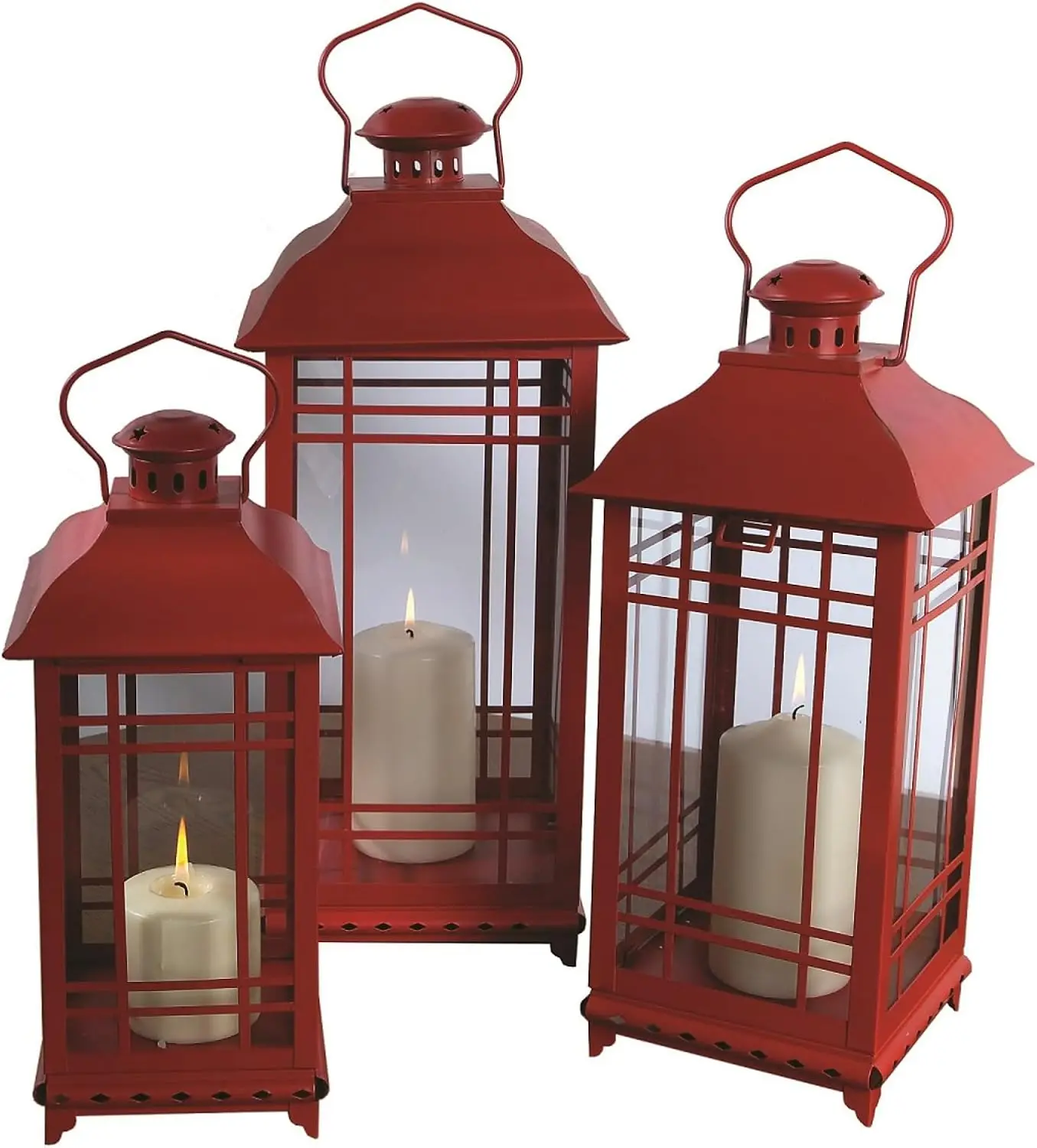 

Lantern,Metal Glass,Set of 3,Red,Candle Lantern Rustic Farmhouse Decor for Patio,Garden Tabletop and Hanging Outside Light