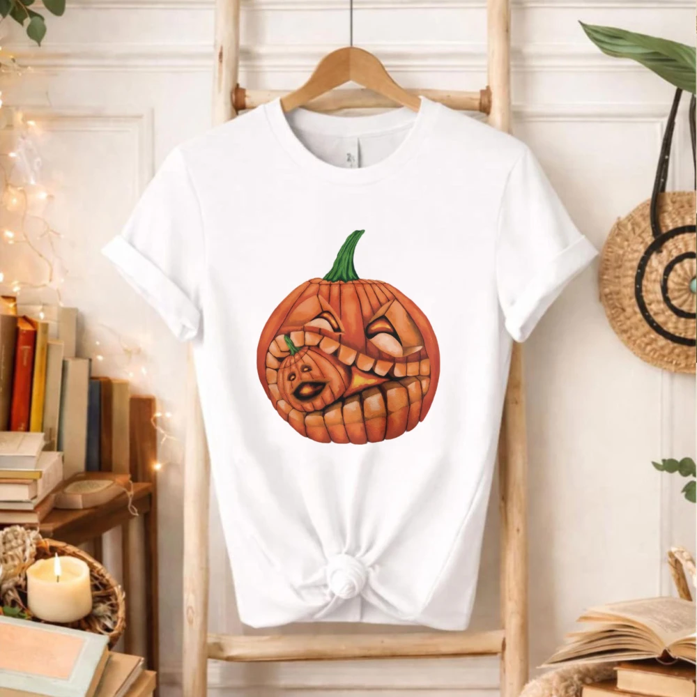 Funny Carnivorous Pumpkin Jack‑o‑Lantern Graphic T‑Shirt Men Women Creative Horror Pumpkin Spooky Halloween Holiday Casual Tops